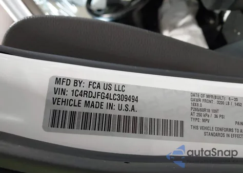 2020 Dodge Durango Pursuit Awd из США, поврежденный, VIN 1C4RDJFG4LC309494